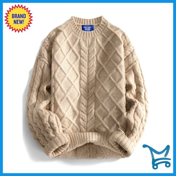 Oversized Cable Knit Chunky Sweater Lantern Sleeve Pullover Loose Fit